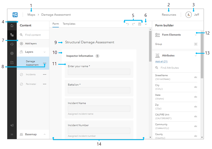 Content page showing the form builder